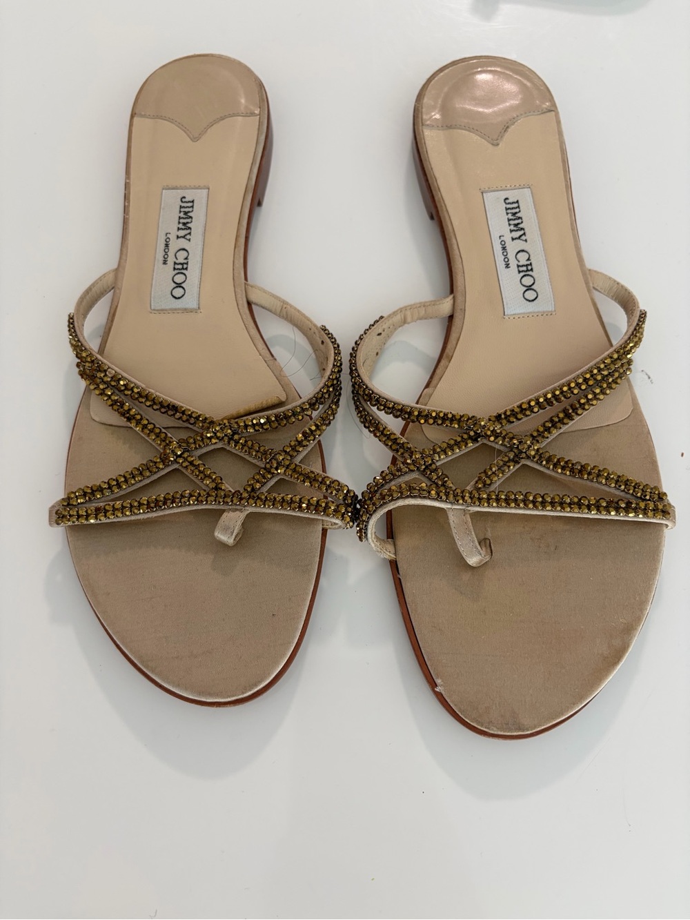 Jimmy Choo Nude-Beige Sandals with Gold Crystal Straps